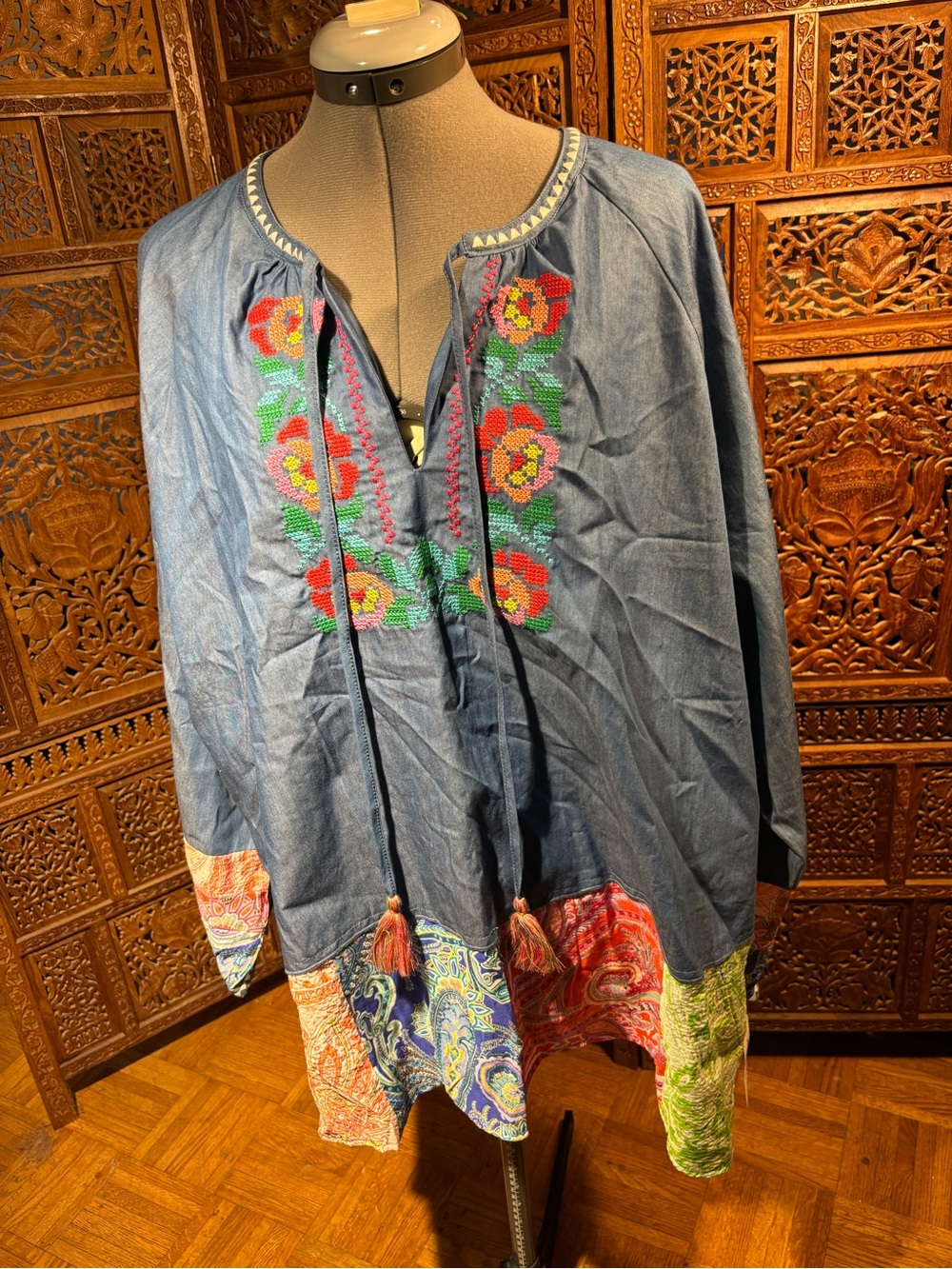 Calessa Embroidered Blue Boho Tunic Blouse with Tassel Tie